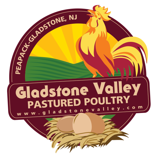 Logo of Gladstone Valley Pastured Poultry, featuring a colorful rooster, eggs, and a scenic background representing Peapack-Gladstone, NJ. The design emphasizes sustainable farming and high-quality poultry products.