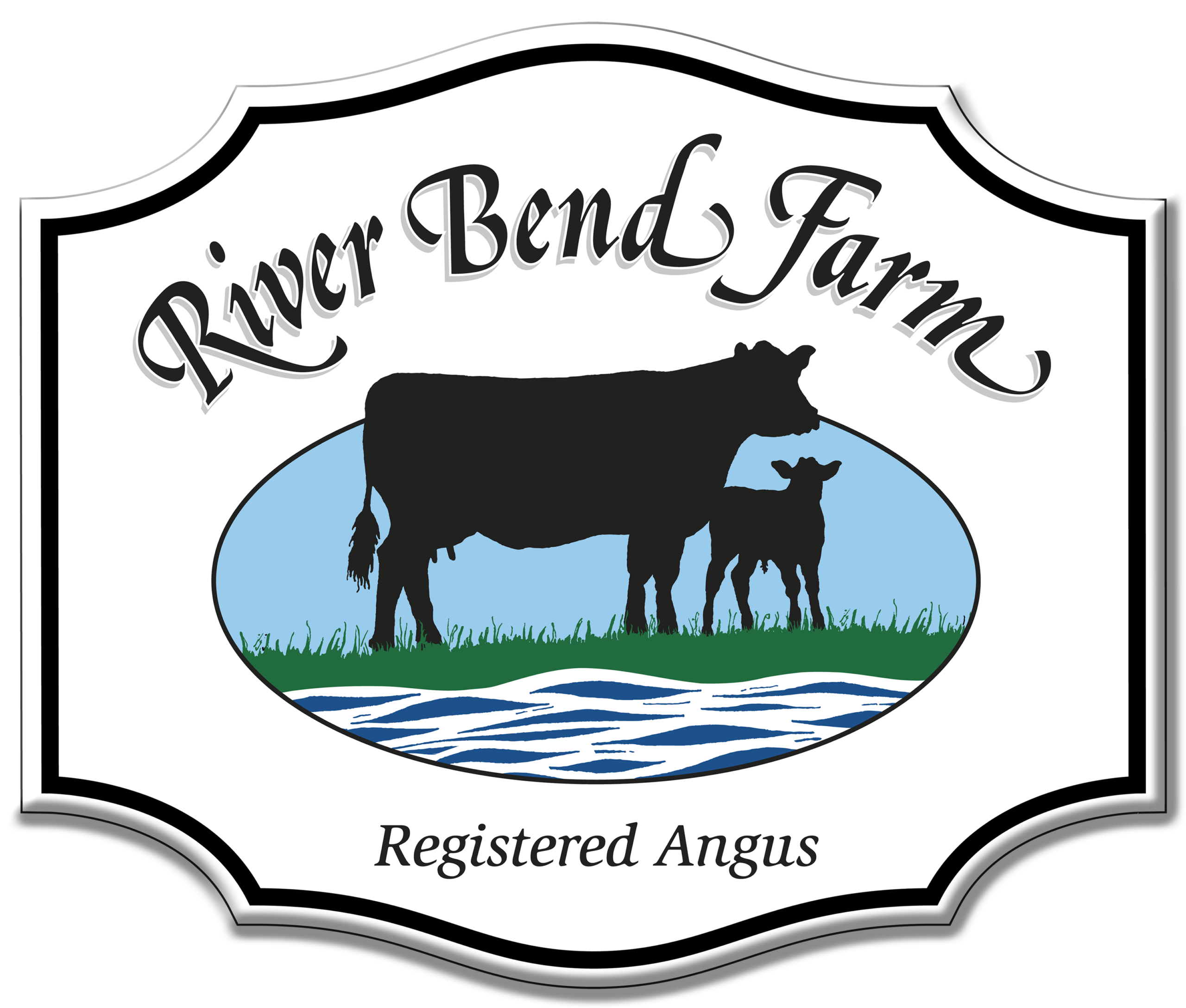 Logo of River Bend Farm featuring a silhouette of a cow and calf against a blue background, highlighting their focus on registered Angus cattle.
