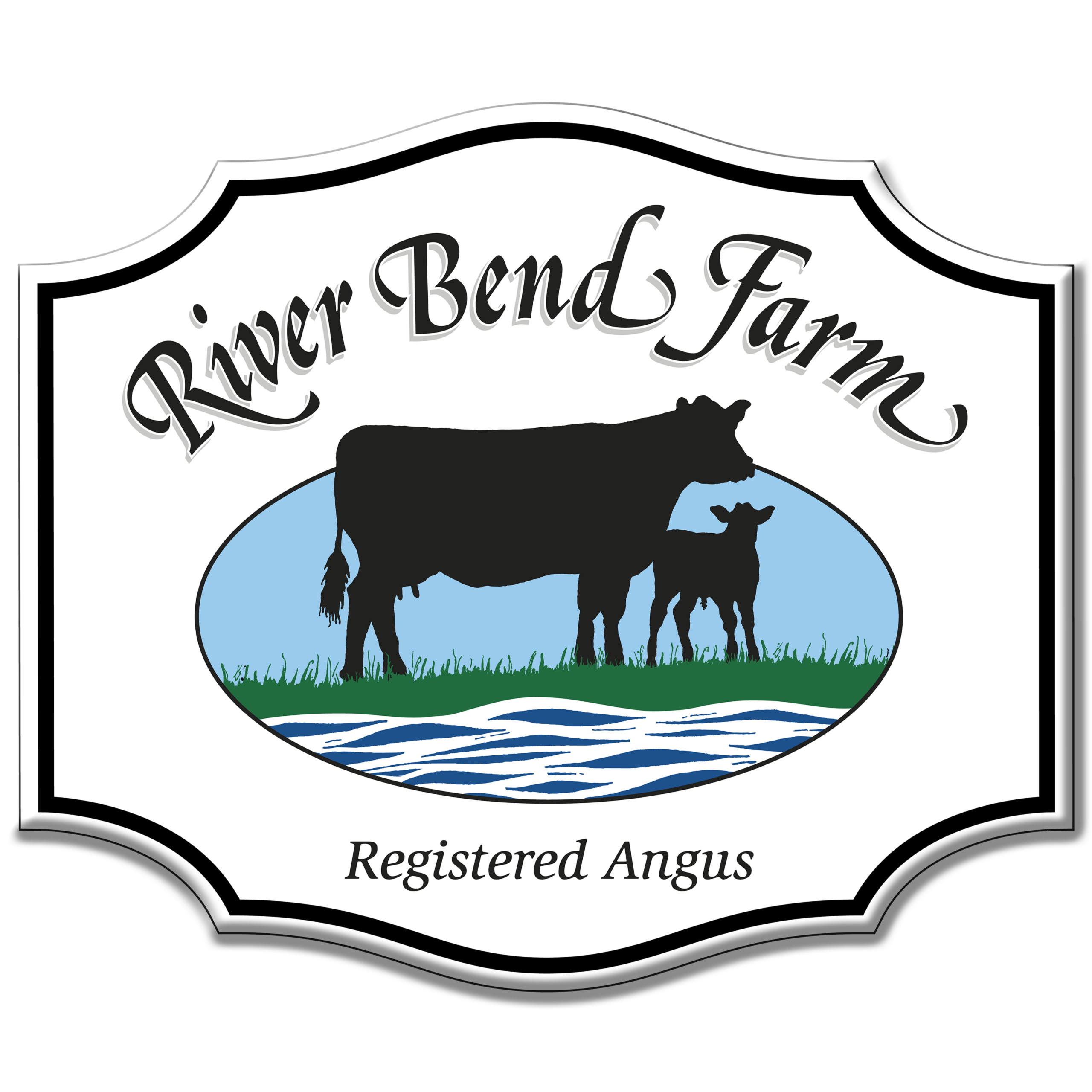 Logo of River Bend Farm featuring a silhouette of a cow and calf against a blue and green background, highlighting their focus on registered Angus cattle.